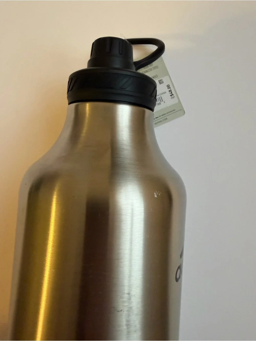 adidas Metallic Silver Water Bottle with Black Cap and Logo 2L